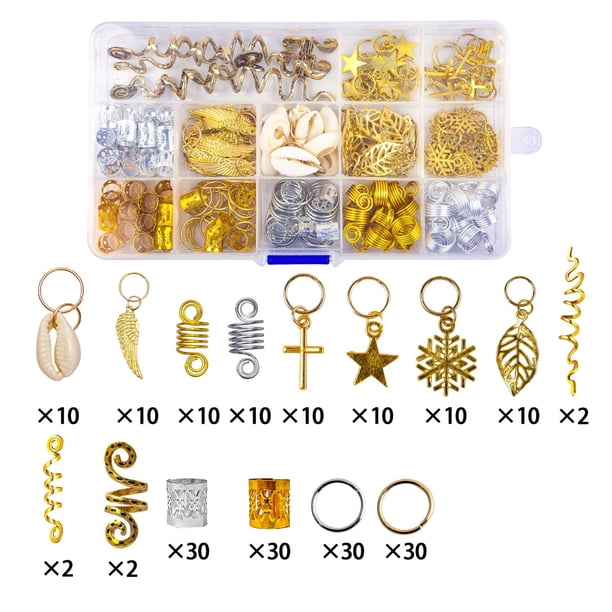 206 piezas de anillos de joyería para el cabello con rastas, accesorios para el cabello con trenza de aleación de metal dorado y plateado