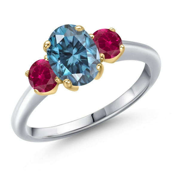 Gem Stone King 10K Two Tone Gold Persian Blue Moissanite and Red Created Ruby Engagement Ring for Women | 1.88 Cttw | Oval 8X6MM | Gemstone Birthstone | Size 8