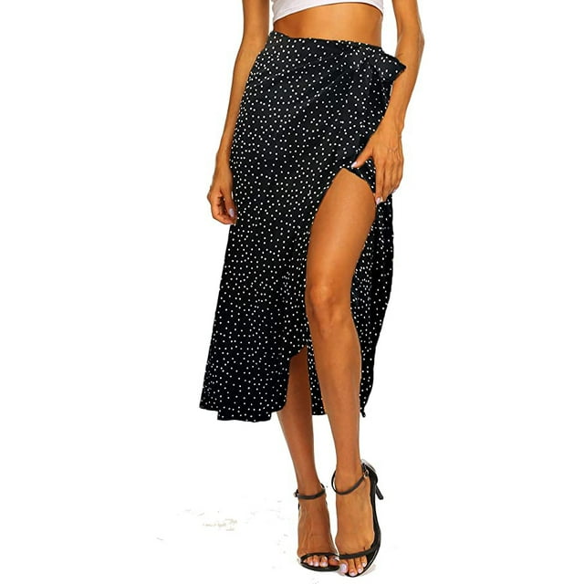 Jupe de Léopard Boho Haute Basse Split Été Plage Jupes Midi Wrap (Points de Polka Noirs, M)