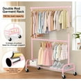 thumbnail image 5 of Heavy Duty Clothing Racks for Hanging Clothes Rack Double Rod Garment Rack Rolling Closet Wardrobe Rack on Wheels, Metal, Adjustable (Pink), 5 of 14