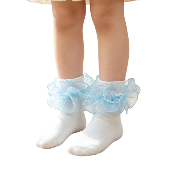 Dwellite Socks for Girl Fold Cuff Big Lace Frilly Dress Socks Fluffy Ruffles Stretch Socks Light Blue M