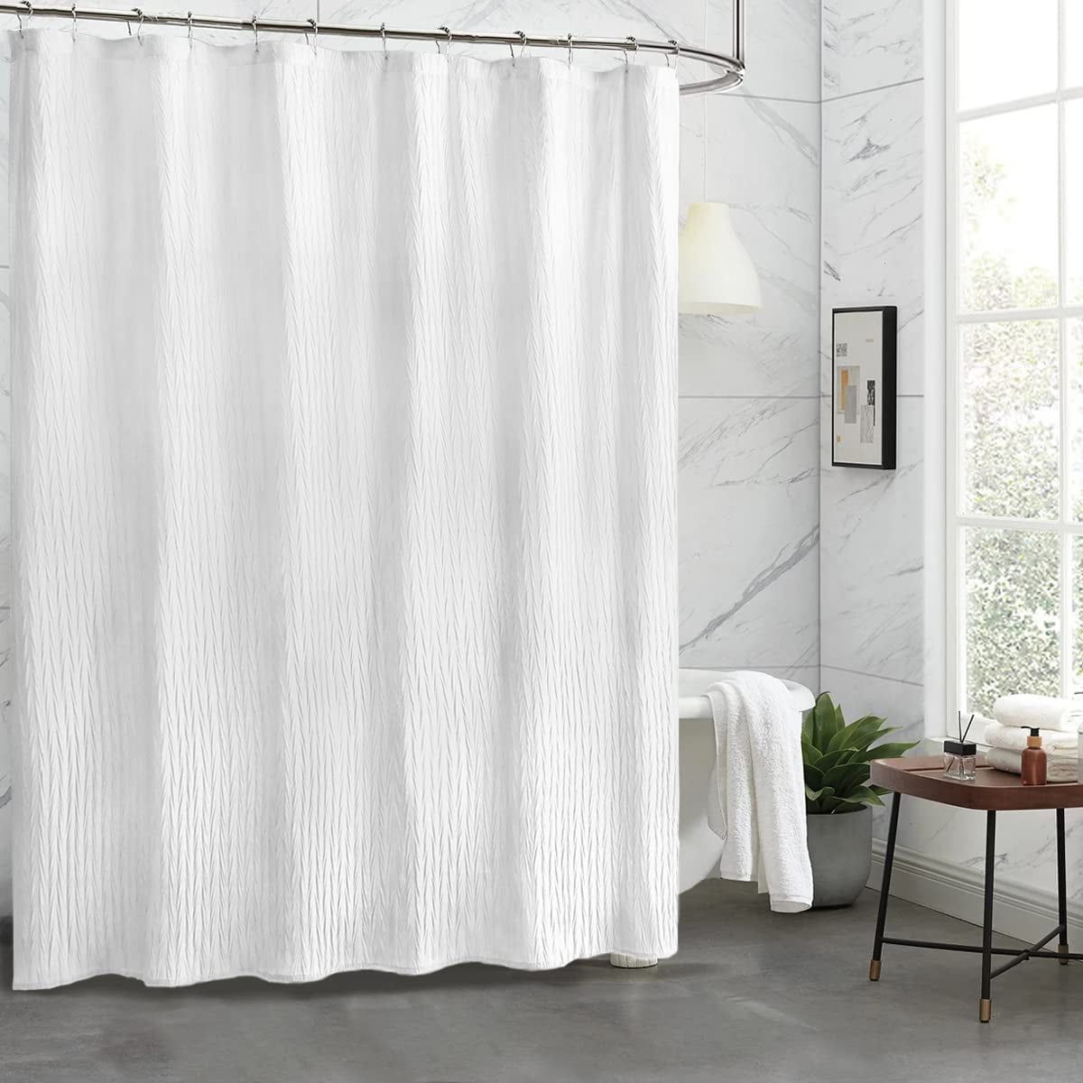 White Shower Curtain with 12 Hooks Waterproof Gradient Fabric Shower