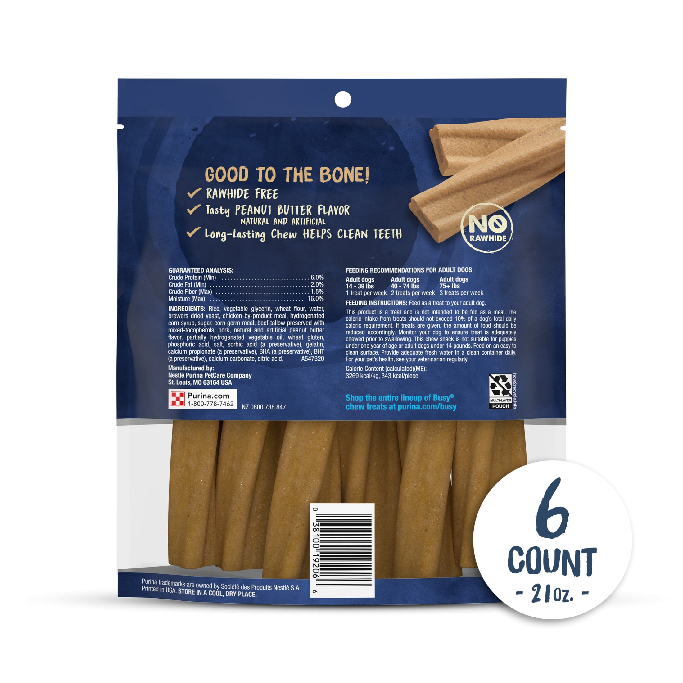 Purina Busy Bone Small & Medium Dog Treats with Natural Peanut Butter Chews, 21 oz Pouch (6 Count)