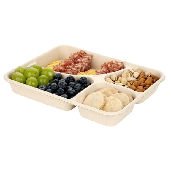 Pulp Tek 43 oz Rectangle Natural Bagasse To Go Tray - 5-Compartment - 11" x 8 1/2" x 1 1/2" - 100 count box