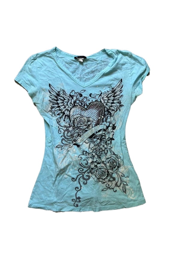 2000s Tops Y2k Grunge Shirts Emo Clothes Teen Girls Vintage Graphic Tee Y2k 2000s Goth Top Women Mcbling Short Sleeve Streetwear (Blue,M)