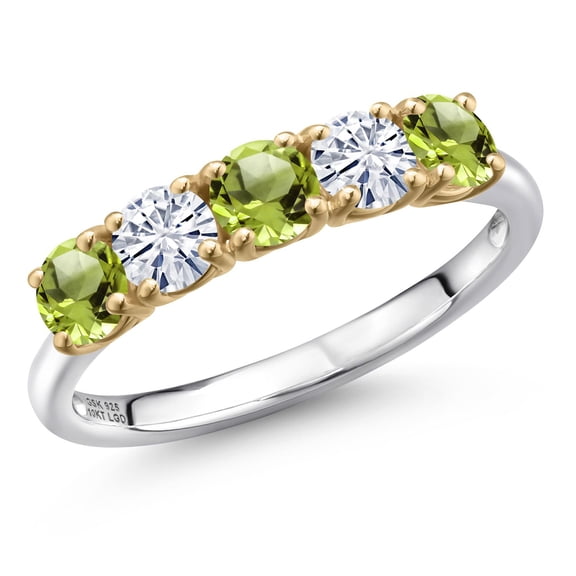 Gem Stone King 925 Silver and 10K Yellow Gold Green Peridot and White Moissanite Wedding-Bands Ring for Women | 1.36 Cttw | Round 4MM | Gemstone August Birthstone | Size 5