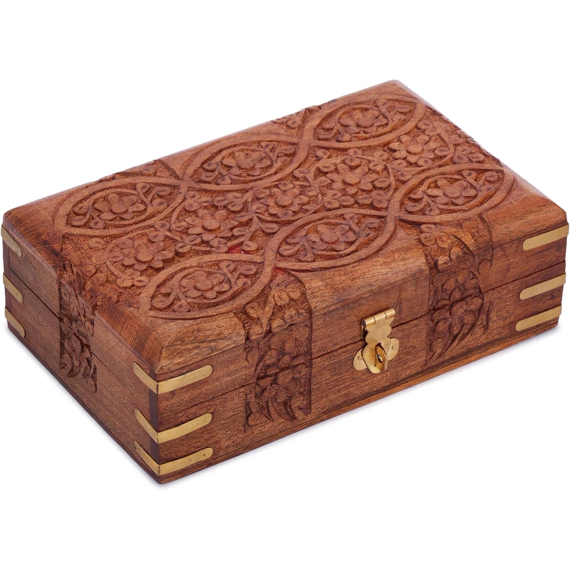 Wooden Treasure Chest 8x5 Inch, Hand Carved Eye Floral Box