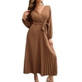 thumbnail image 1 of Sunloudy Vestido casual para mujer, cuello en V, manga larga, color sólido, cintura alta, plisado, vestidos largos con cinturón Sunloudy S M L XL, 1 of 8