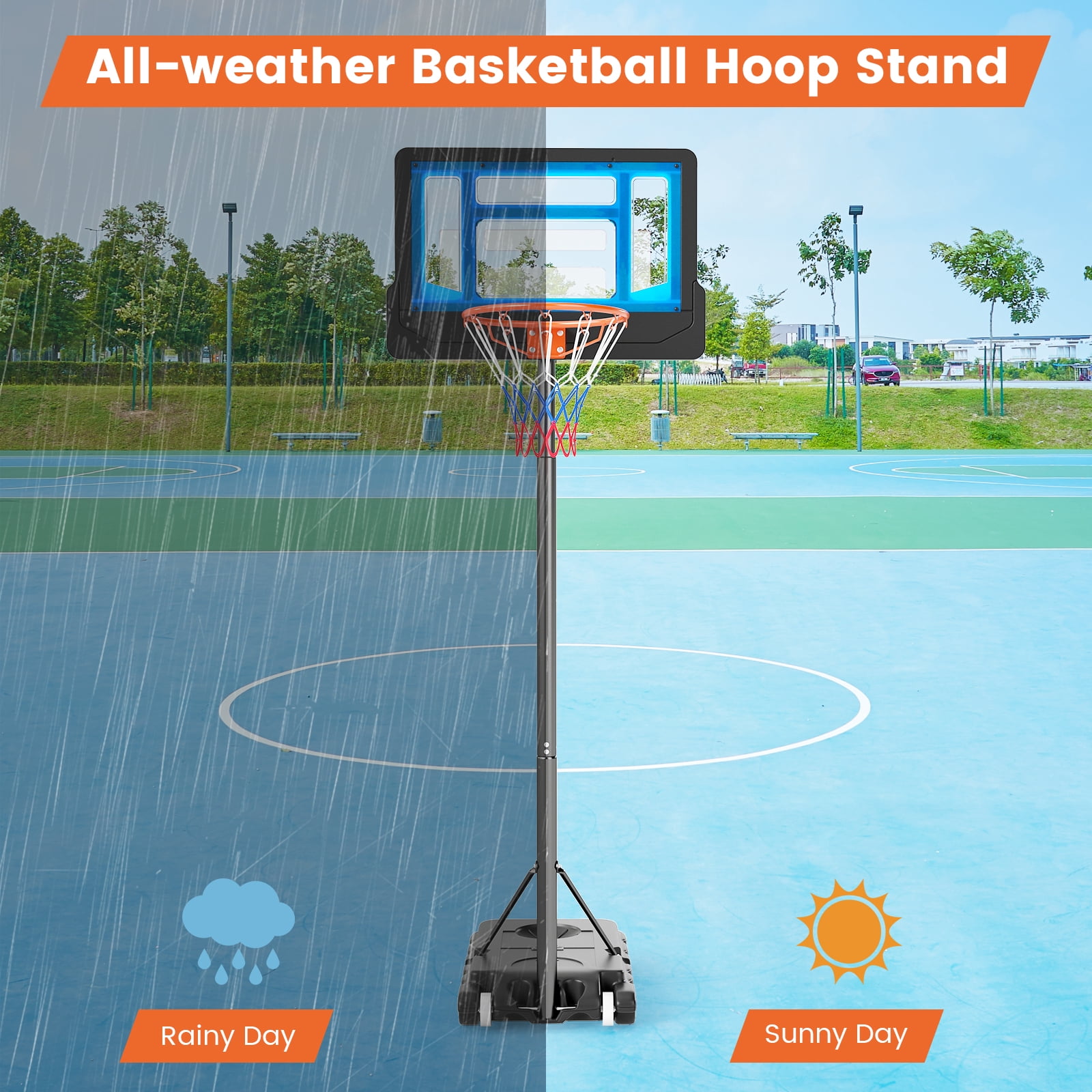 Patiojoy Basketball Hoop Portable Basketball Stand with Rolling Wheels 4.3-8.2FT Adjustable Height PE Backboard Fillable Base Blue