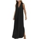 thumbnail image 1 of Vestido largo sin mangas con cuello en V para mujer: color liso, estilo boho, abertura delantera, mezcla de poliéster y spandex, largo hasta el tobillo, para verano, 1 of 8