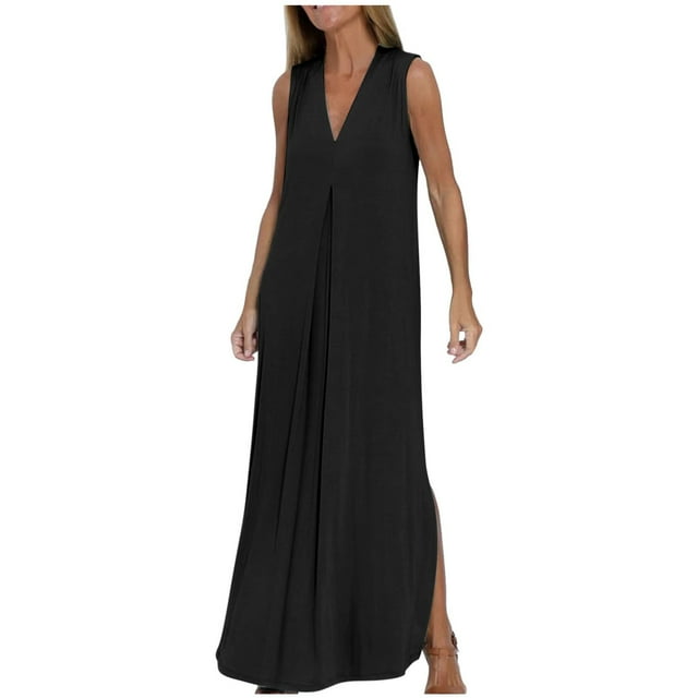 Vestido largo sin mangas con cuello en V para mujer: color liso, estilo boho, abertura delantera, mezcla de poliéster y spandex, largo hasta el tobillo, para verano