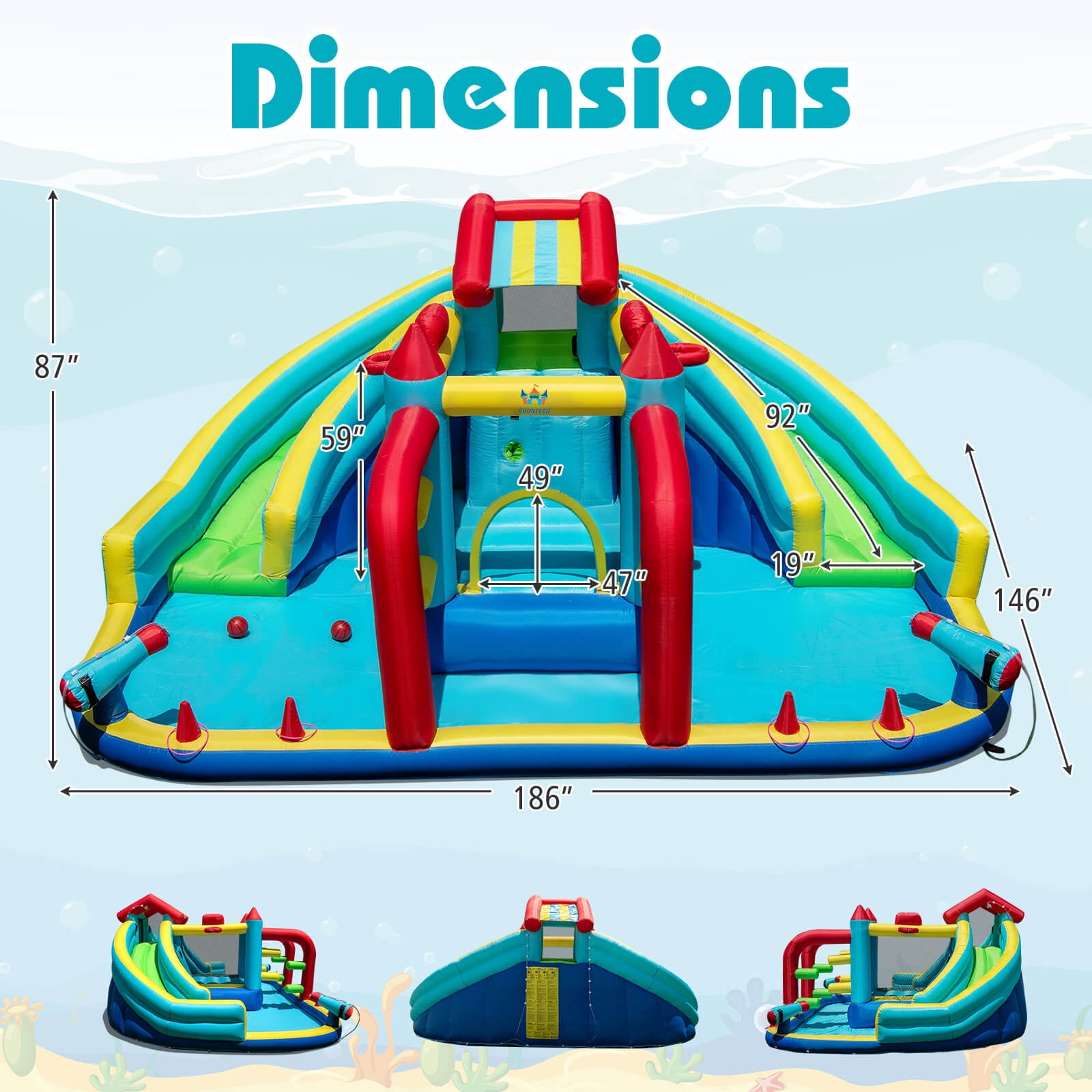 Costway Inflatable Water Park with Climbing Wall Splash Pool Water Cannons 750W Blower