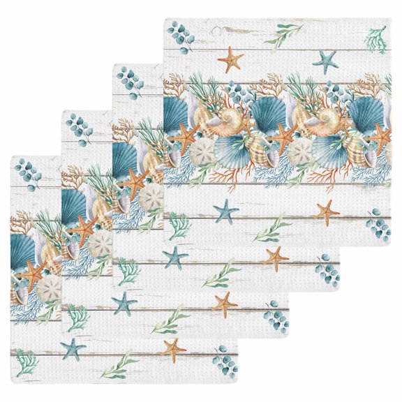 Vintage Beach Coastal Kitchen Dish Towels for Drying Dishes Set of 4, Nautical Shell Starfish Coral Summer Waffle Weave Microfiber Hand Tea Bathroom Towels Quick Dry & Absorbent Towel 12x12