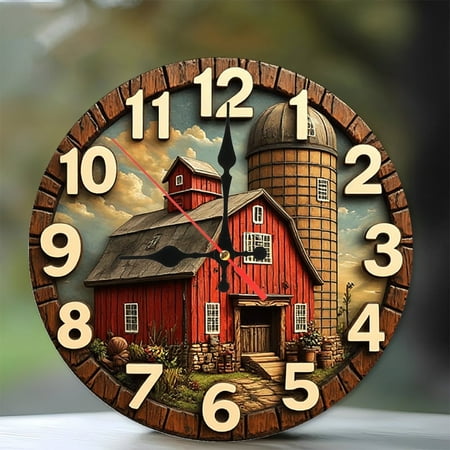 Rustic Barn Farmhouse Wall Clock 10-Inch Silent Wooden Wall Clock, Battery Operated (AA Batteries Not Included), Artistic Home Decor