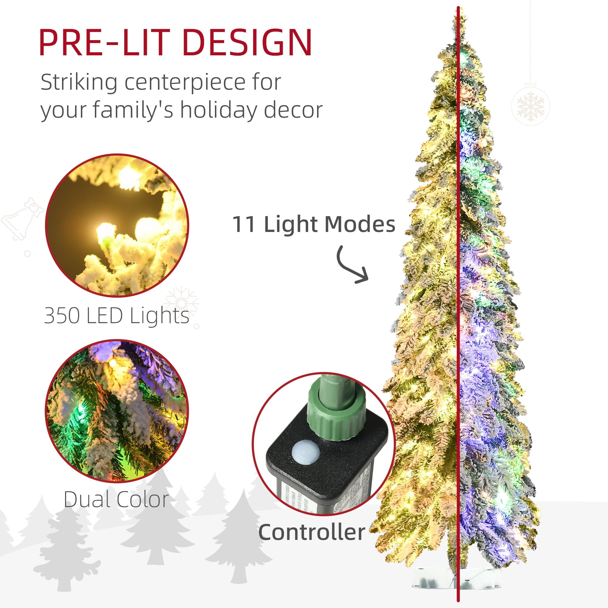 6 ft Artificial Slim Christmas Tree with Snow Frosted Branches, Pre-Lit LED Lights, Downswept Pencil Shape for Small Rooms and Entryways