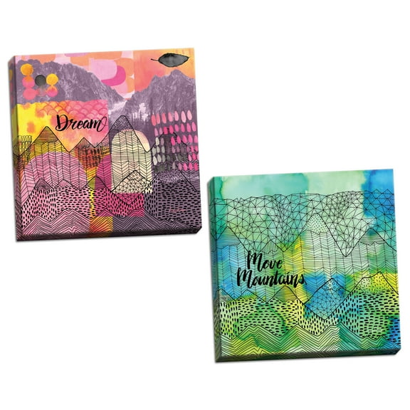 Gango Home Decor Modern Mountains Dream & Move Mountains by Amy Frazer (Ready to Hang); Two 12x12in Hand-Stretched Canvases