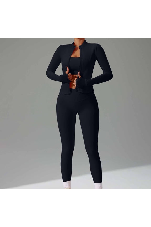 2 Piece Workout Sets for Women Zipper Long Sleeve Jacket Sports Coat High Waist Leggings Pants Stretchy Comfortable Yoga Gym Outfits Black M