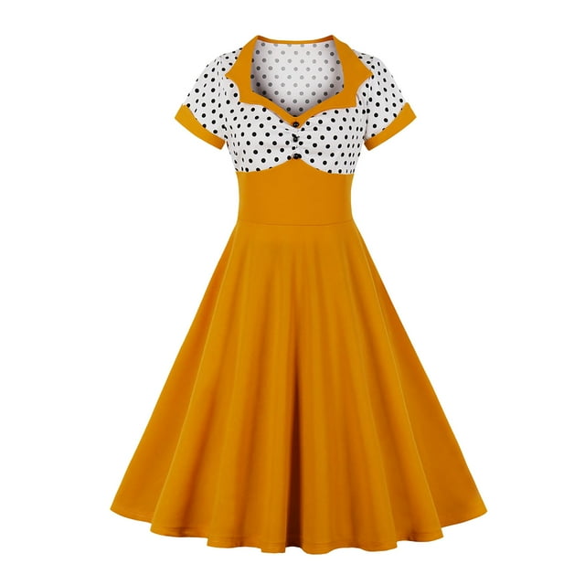 Mikilon Robe Rétro à Manches Courtes pour Femmes, Col Rond, Soirée, Bal, Vintage, à Pois