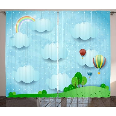 Ambesonne Cartoon Curtains 2 Panel Set, Balloons Clouds Stars Hill, 108" x 90", Multicolor
