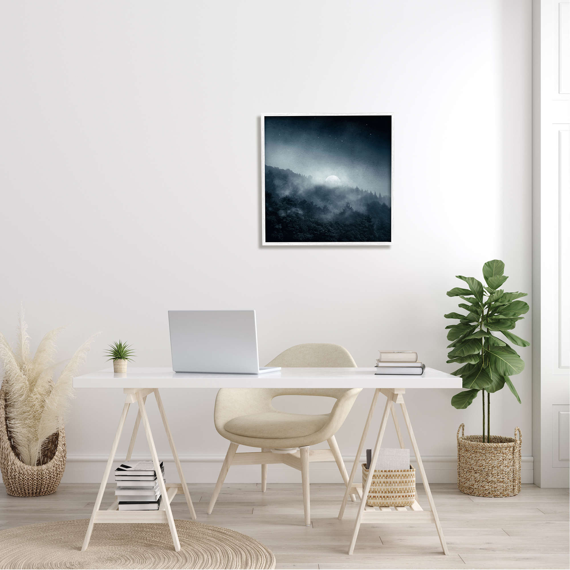 Stupell Industries Foggy Full Moon Night Sky Landscape Painting White Framed Art Print Wall Art