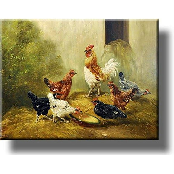 Rooster Overlooking Hens Eating Picture on Stretched Canvas, Wall Art Décor, Ready to Hang!