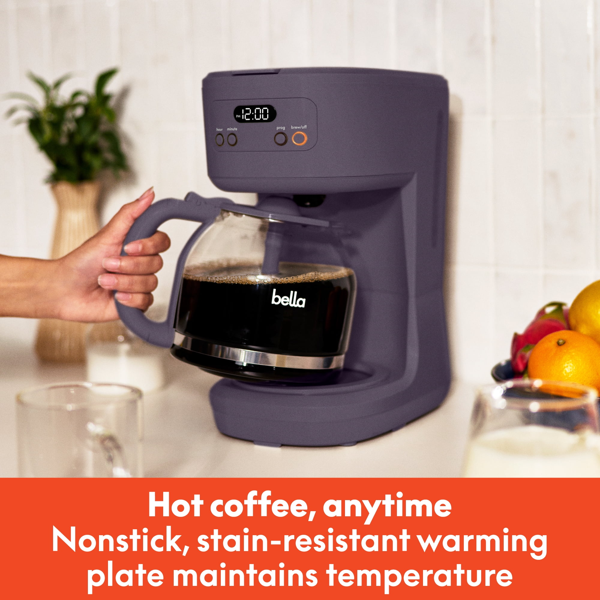 bella 12 Cup Programmable Drip Coffee Maker with Glass Carafe, Auto Shut-Off, Plum