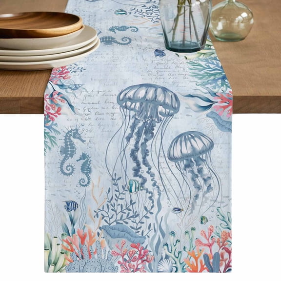 Blue Jellyfish Coastal Cotton Linen Table Runner for Dining Kitchen, Beach Nautical Ocean Coral Seahorse Wedding Outdoor Party Tablerunners, Dresser Scarf Coffee Tablecloth Runners 13x48 Inches