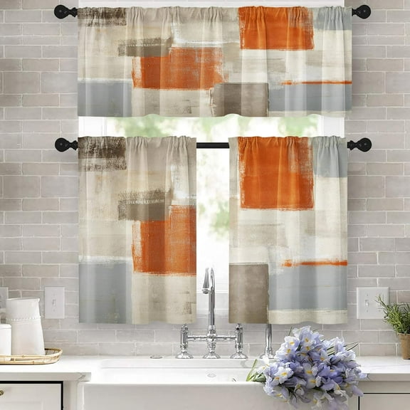 Orange Kitchen Curtains Grey Beige Window Curtains Valance and Tier Set 36 Inch, Contemporary Rod Pocket Short Tier Curtain, Abstract Art Small Cafe Curtains for Kitchen Decor