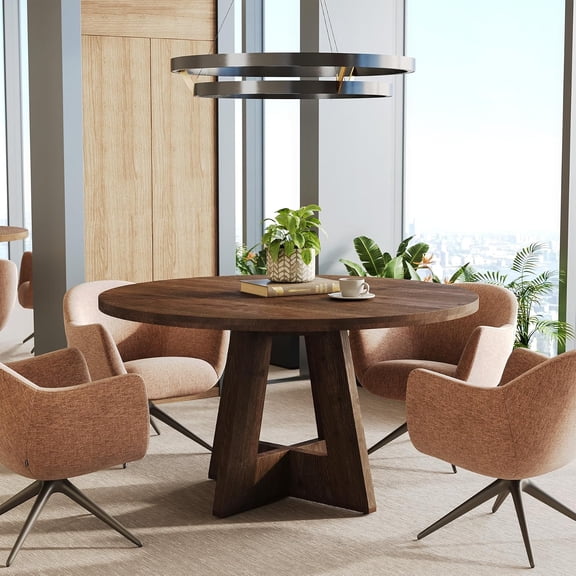 Finmind 47" Round Conference Table for 4-6, Farmhouse Wood Meeting Table, Brown
