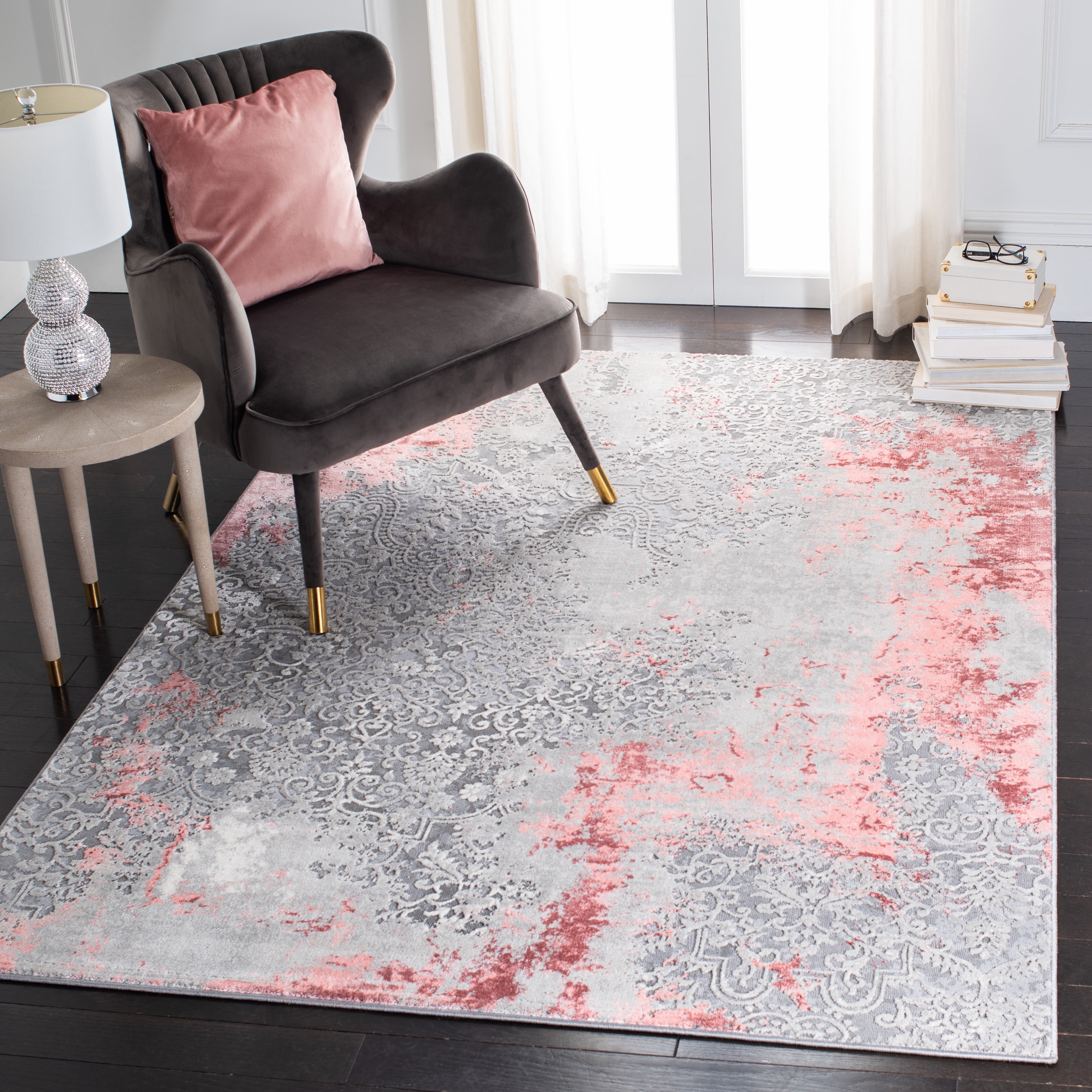 SAFAVIEH Meadow Derbhile Medallion Area Rug, Light Grey/Pink, 4' x 6'
