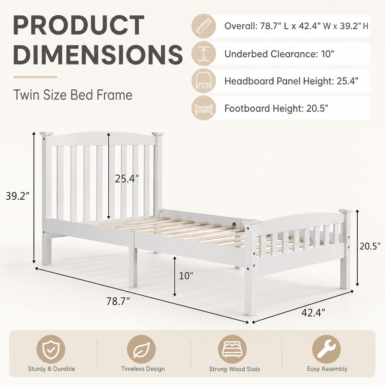 Ktaxon Twin Bed Frame,Solid Pine Wood Twin Platform Bed Frame, Bedroom Twin Bed with Headboard for Adults, White, 78.94"L*42.44"W*39.17"H