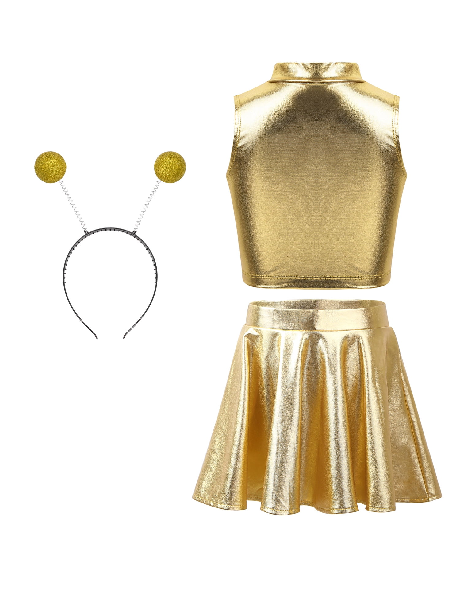 Doomiva 3Pcs Space Alien Outfit for Girls Holographic Metallic Skirt with Crop Top and Hair Hoop Set Gold 16