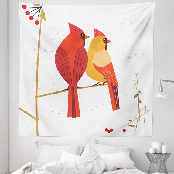 Cardinal Tapestry, Bird Couple Romantic Perching on a Branch Lovers Wildlife Winter Season, Fabric Wall Hanging Decor for Bedroom Living Room Dorm, 5 Sizes, Camel Vermilion Ruby, by Ambesonne
