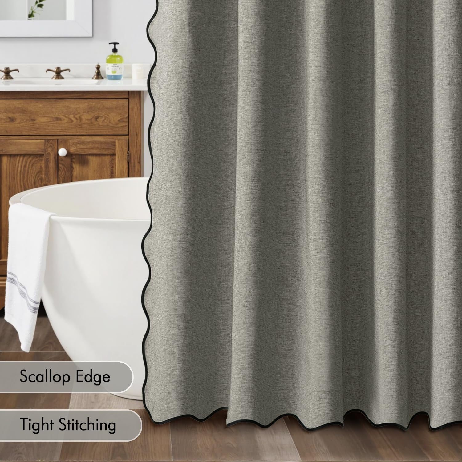 qtess A84" Long Scalloped Shower Curtain Linen Textured with 12 Metal Hooks Cute Extra Long Heavy Duty Washable Waterproof Cloth Shower Curtains with Black Border for Bathroom Hotel Bathtub,Khaki