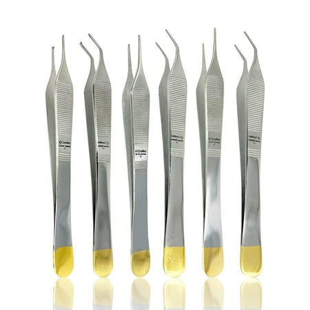 

Cynamed Set of 6 Adson Forceps 6 in. Straight and Curved Tips Gold Ends Dressing and Tissue Forceps