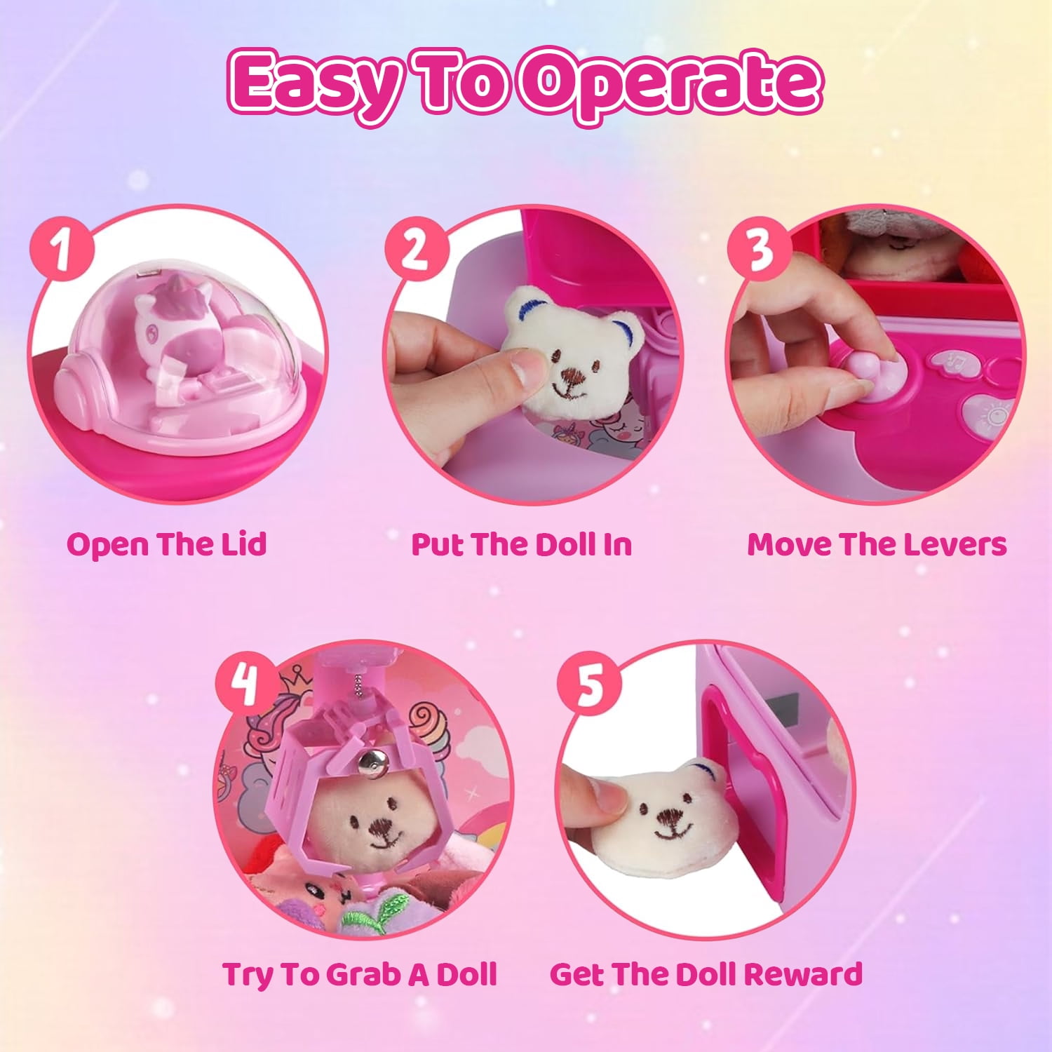 Liegorji Unicorns Claw Machine Set Toys, Mini Arcade Candy Vending Machine with 20 Stuffeds Toys, Birthday Party Gifts for Age 3 4 5 6 7 8