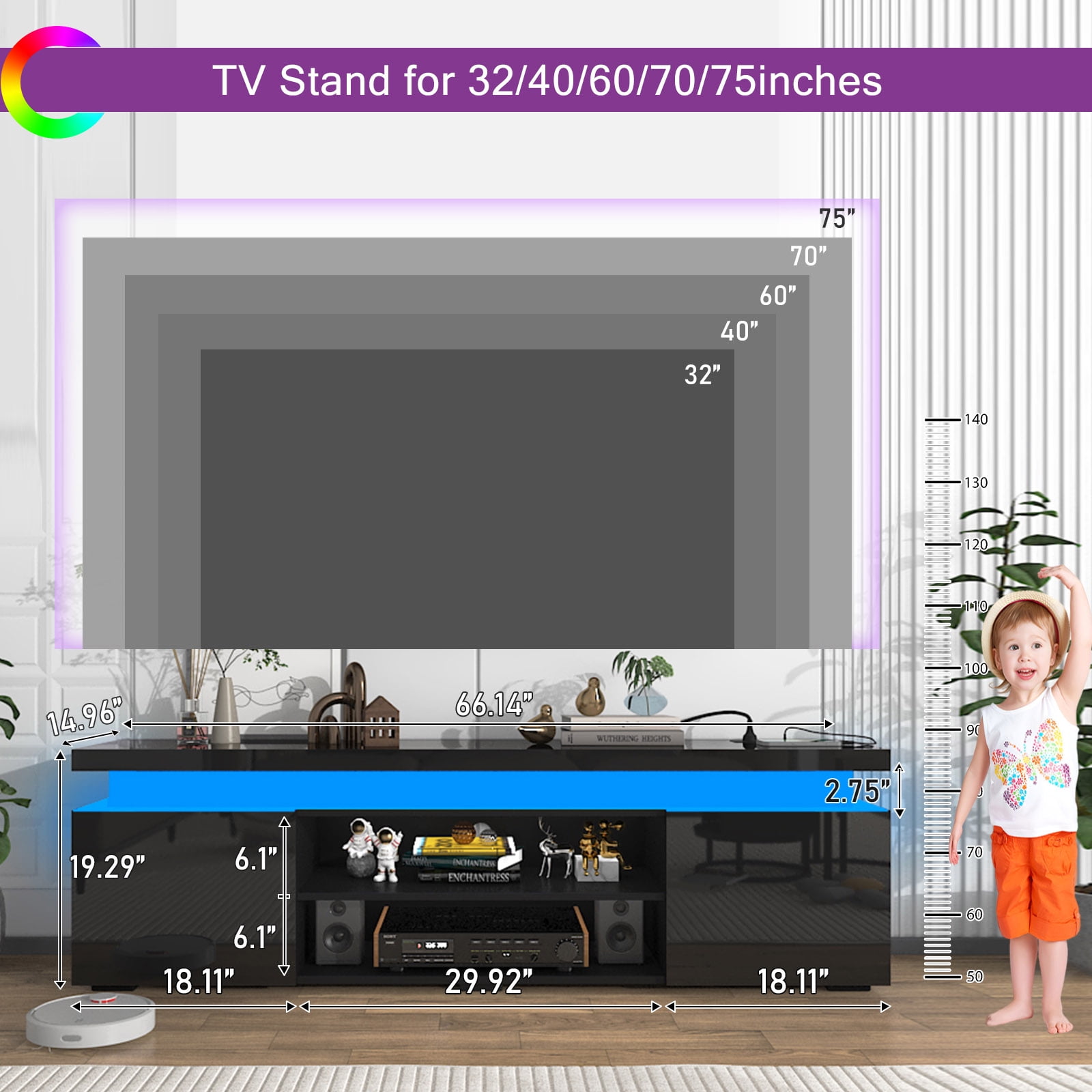 65" LED TV Stand with Power Outlet for up 75" TVs, Modern Large Entertainment Center Long Sounbar Media Console Table Stand for Living Room