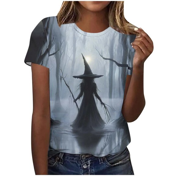 Pumpkin Witch Cute Graphic T-Shirt for Women Crew Neck Short Sleeve Loose Casual Tops Fall Tees Multicolor M
