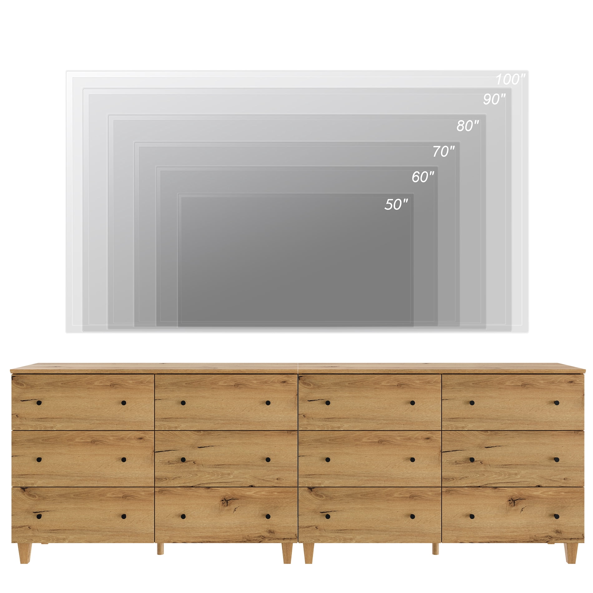 WAMPAT TV Stand Cabinets for 100+ Inches TVs, 2-in-1 Modern Wooden Media Console with 12 Spacious Drawers for Living Room, Oak Brown