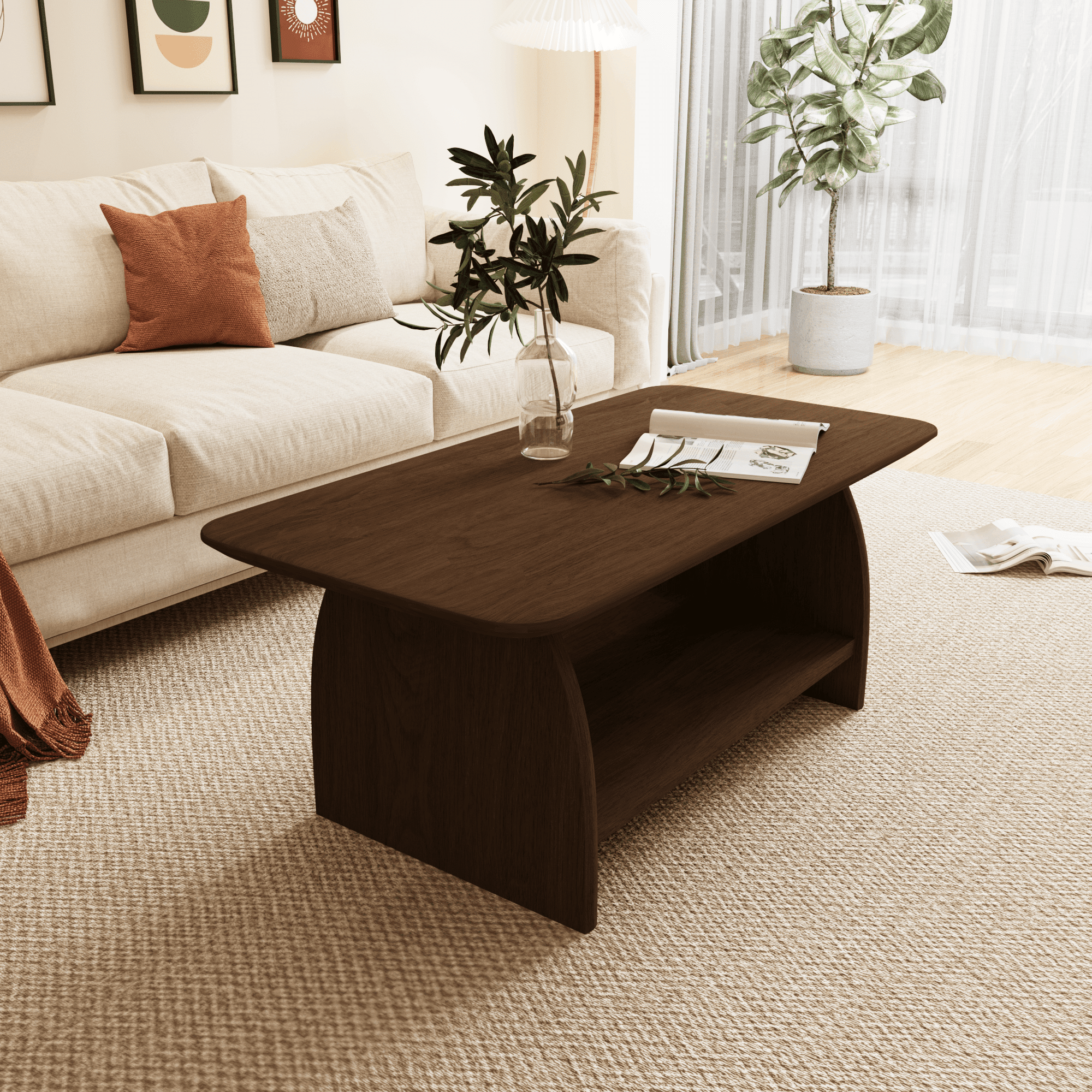 Modern Minimalist Coffee Table, 47 inch Double-Layer Rectangular Coffee Table with Storage, Safety Rounded Design, MDF Wood Material, for Living Room, Easy Assembly