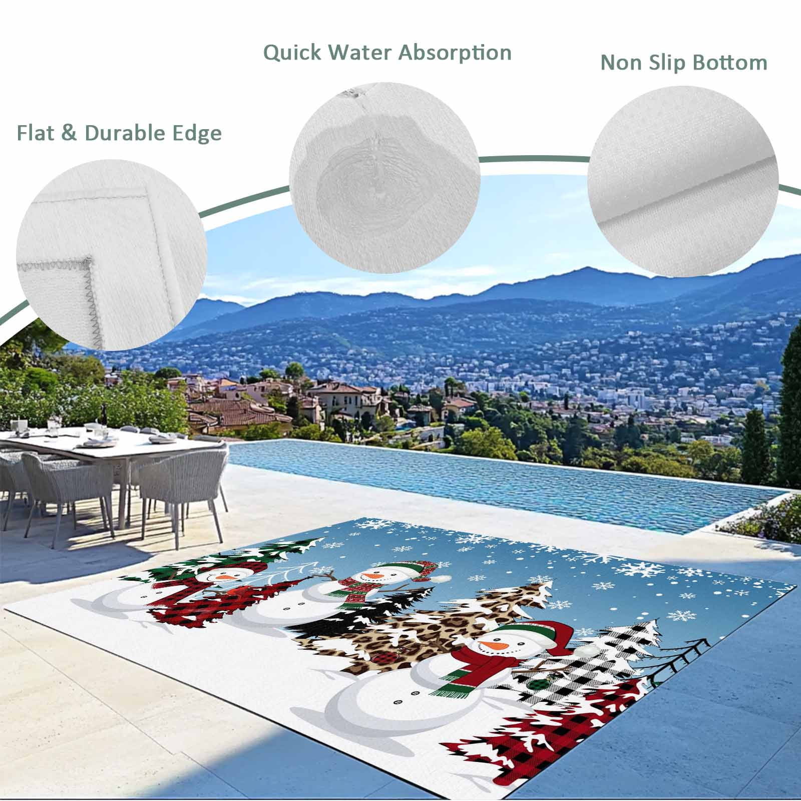 Fsddascl Christmas Snowman Blue Outdoor Rug for Patio/Deck/Porch, Non-Slip Large Area Rug 5 x 8 Ft, Xmas Tree Snowflake Indoor Outdoor Rugs Washable Area Rugs, Reversible Camping Rug Carpet Runner