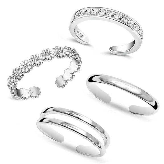 LeCalla 4 Pcs 925 Sterling Silver Toe Rings for Women | Open Adjustable Flower Simple Band CZ Toe Ring Jewelry Set | Summer Beach Bare Foot Jewelry