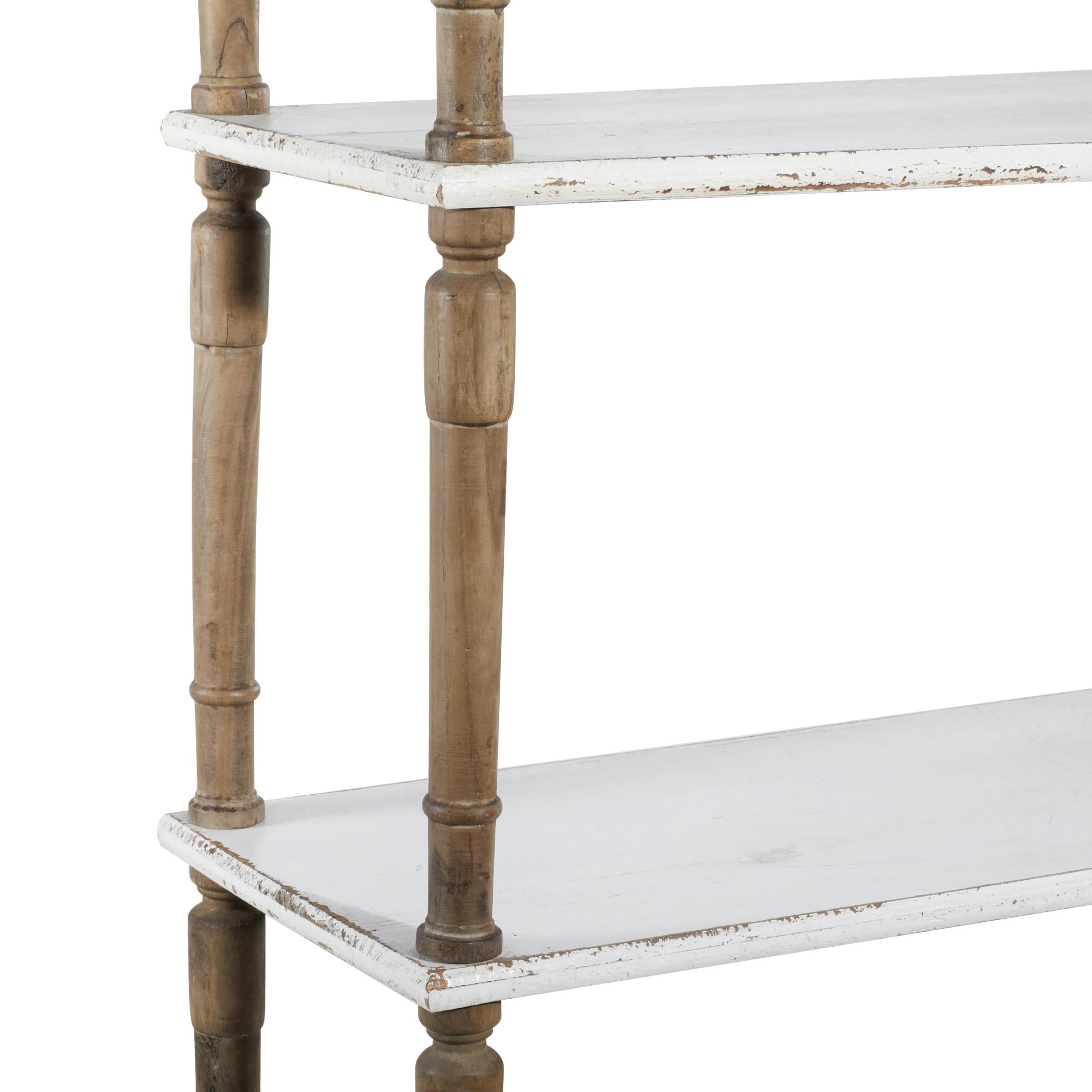 DecMode 37" x 75" White Wood Distressed Turned 5-Tier Shelving Unit with Brown Spindle Sides and Ball Feet, 1-Piece