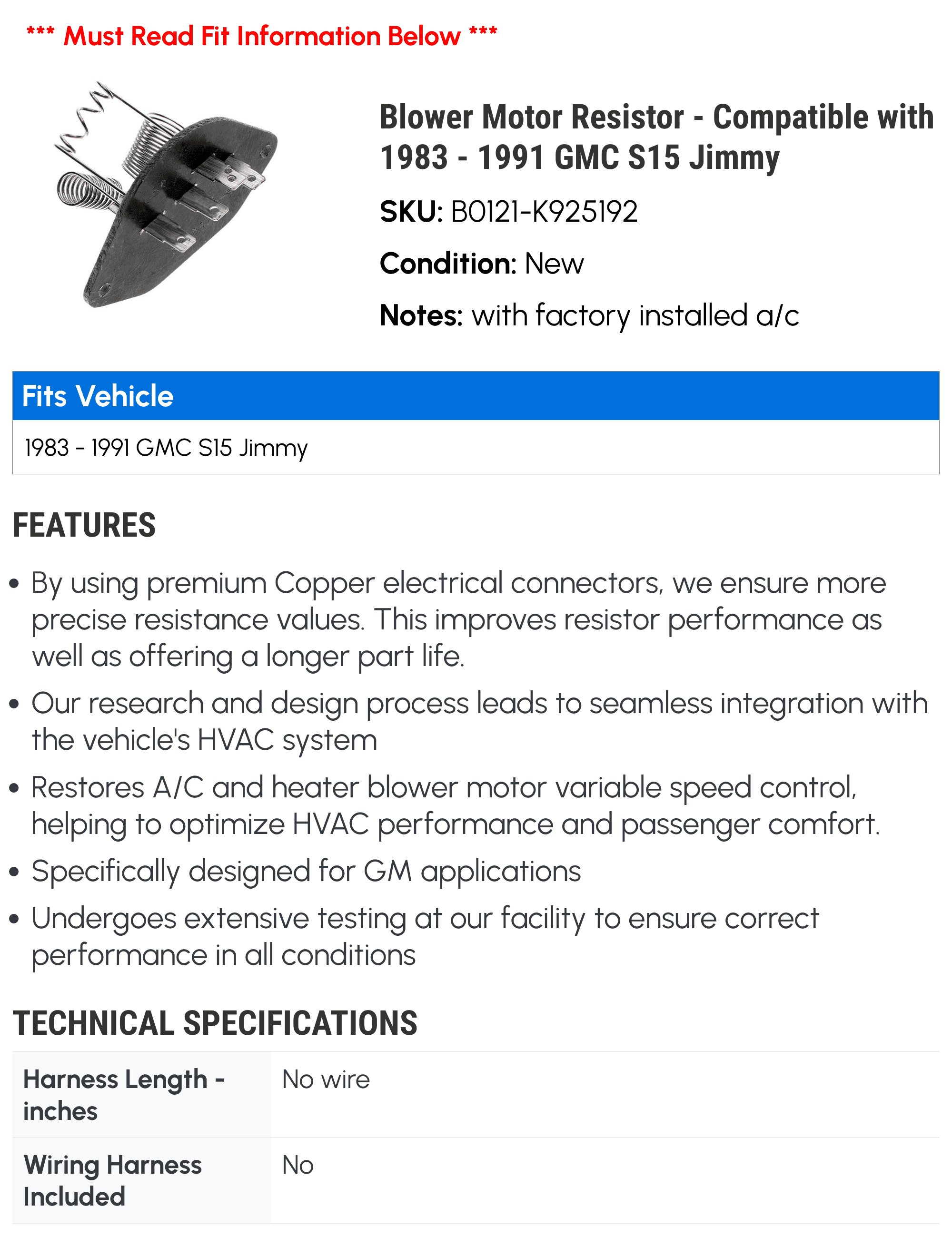 Blower Motor Resistor - Compatible with 1983 - 1991 GMC S15 Jimmy 1984 1985 1986 1987 1988 1989 1990