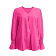 thumbnail image 4 of TKLPEHG Womens Blouse V-Neck Pleated Tunic Tops Long Sleeve T Shirt Fall Tops Solid Color Lightweight Comfy Loose Fashion Casual Pullover (Hot Pink,XXL), 4 of 7