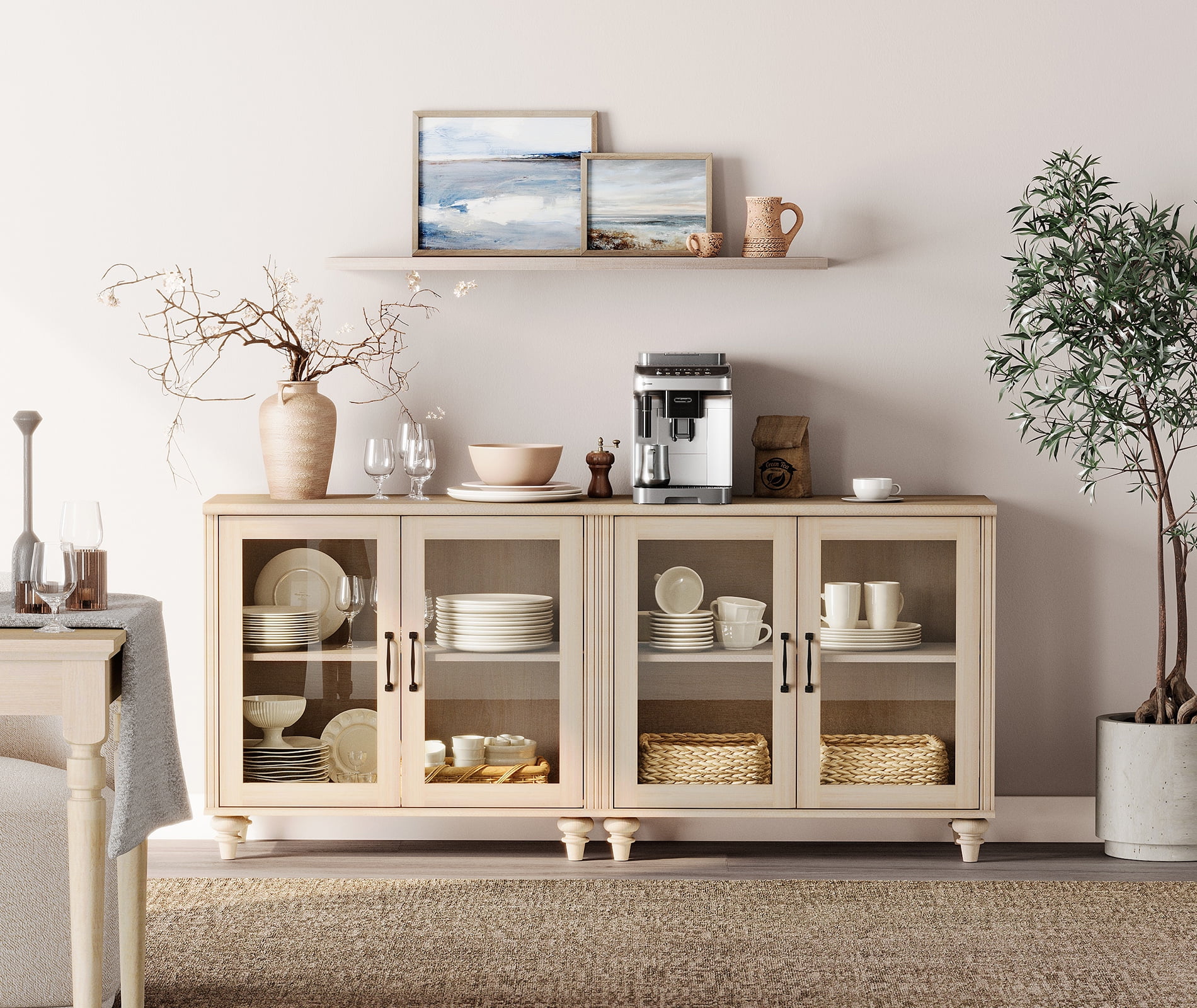 Light Beige Buffet Cabinet with 4 Glass Doors, Kitchen Storage Cabinets with Adjustable Shelf, 68 inch