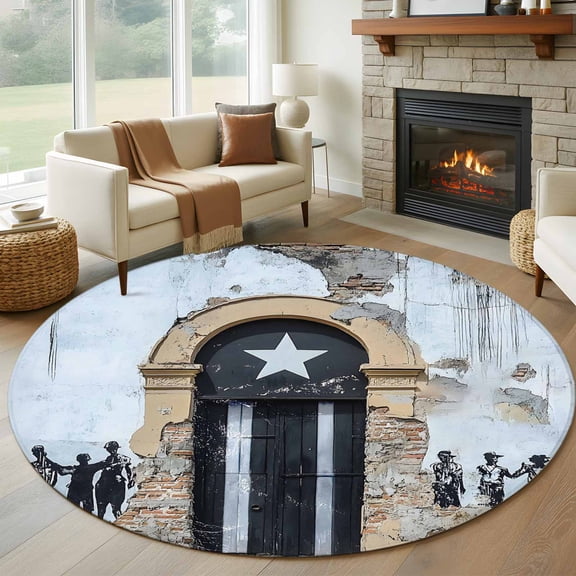 Round Area Rug 5 Ft, Puerto Rico Flag Washable Non-Slip Circle Carpet for Living Room/Bedroom, Retro Rustic Door Artwork Picture Prints Low-Profile Runner Mats Collection Rugs for Indoor