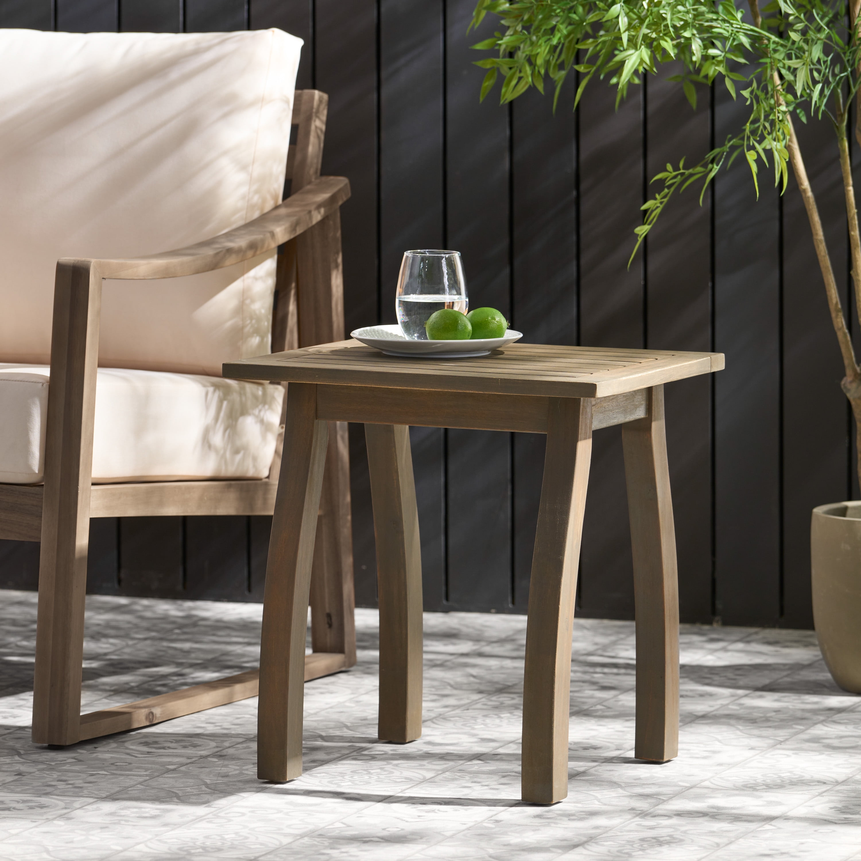Outdoor Compact Acacia Wood End Table, Simple Accent Decor Table for Patio Garden, Gray