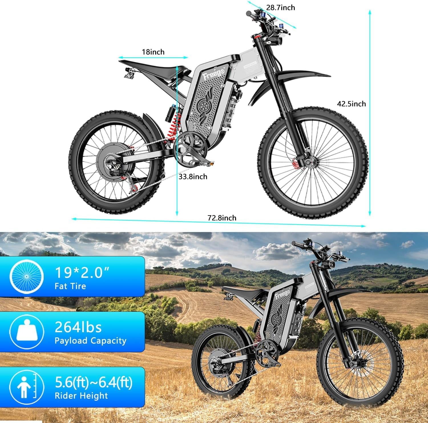 Max Speed 50MPH 19x2.75'' Tire,6000W(Peak) Motor Freego X2 Electric Mountain Bike ,7 Speed Electric Motorcycle for Adults,60V30AH Battery Electric Dirt Bike, Full Suspension Hydraulic Brake UL2849