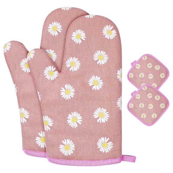 HEETLY Daisy Print Pot Holders and Oven Mitts Set, 4 Piece Cotton Oven Mitts and Potholders, Heat Resistant 392°F, Kitchen Mittens for Cooking Baking Grilling